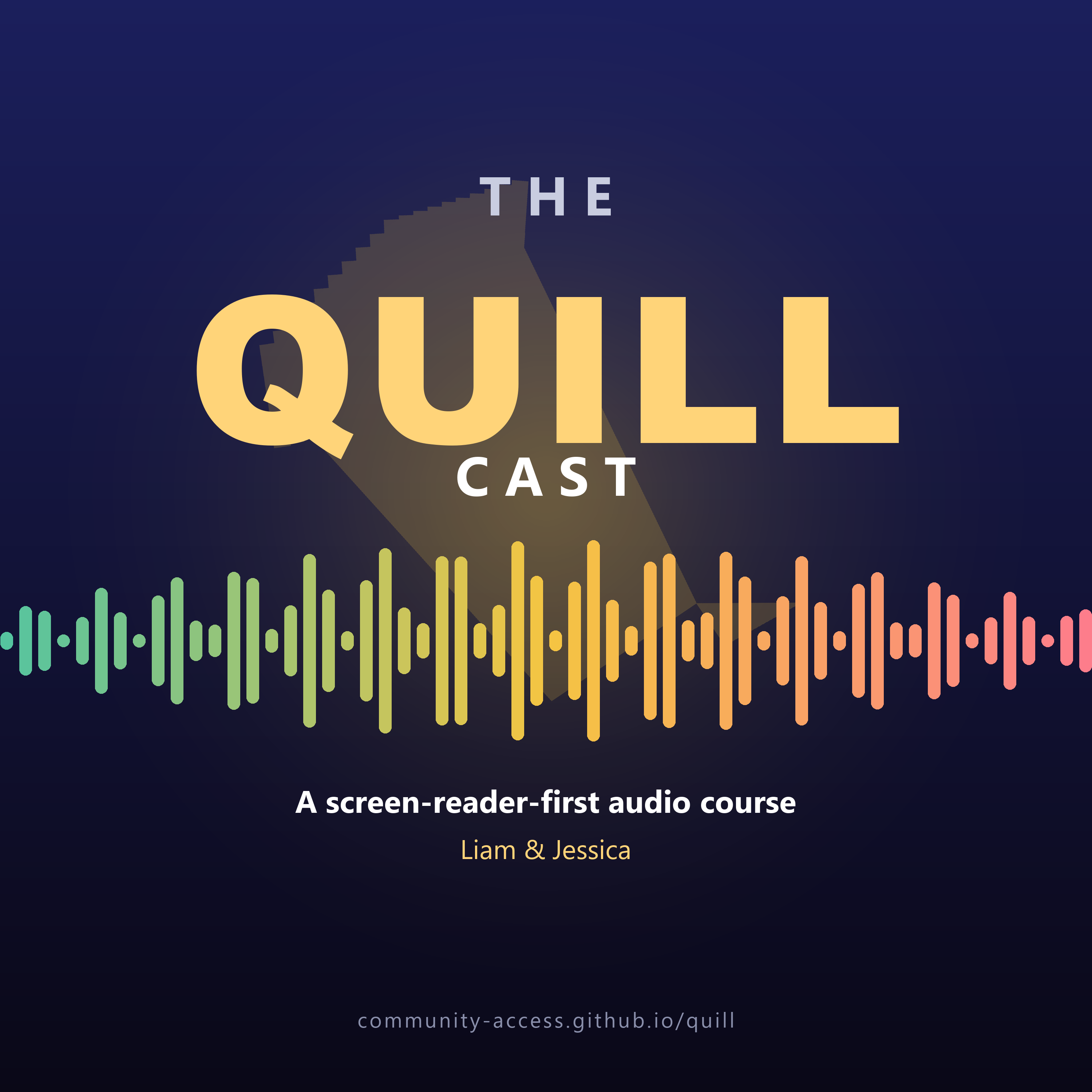 Dark blue QUILL Cast cover with large gold QUILL text, a faint quill watermark, and a teal, gold, and pink audio waveform.